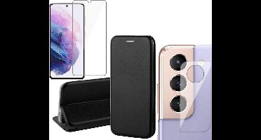 Hoesje geschikt voor Samsung Galaxy S21 FE - Book Case Kunstlederen Wallet Cover Minimalistisch Pasjeshouder Hoes Zwart - Tempered Glass Screenprotector - Camera Lens Protector