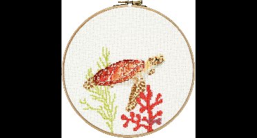Pako Borduurpakket met telpatroon en codekaart - Zeeschildpad - 212.357 - voorgesorteerd garen - Aida wit - 20 cm rond - DIY kit