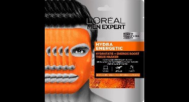 L'Oréal Paris Men Expert Hydra Energetic Tissue Gezichtsmasker - 5 stuks - Herstelt en Hydrateert - Voordeelverpakking