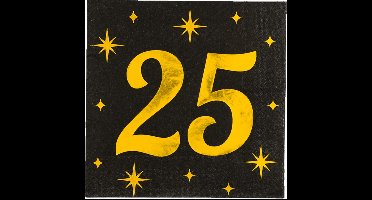 Paperdreams Verjaardag feest servetten - leeftijd 25 jaar - 16x stuks - zwart/goud - sterren - 33 x 33 cm