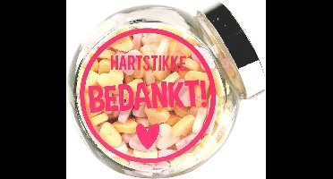 Bedankt - Snoeppot "Hartstikke bedankt" gevuld met snoephartjes - bedankt cadeautje