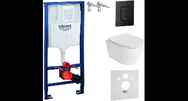 Inbouwreservoir Complete Toiletset Grohe Solido 39069000 - Inbouw WC Hangtoilet Wandcloset Praia Wit Hoogglans - Bedieningsplaat EVEN 3in1 Zwart - Voorwandelement - Installatiesysteem