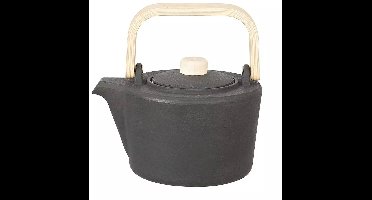Kinghoff Gietijzeren Theepot met Filter - 1,3 Liter, Zwart, Houten Handvat en Dekselknop, Hoogwaardig RVS Filter, Traditioneel Design