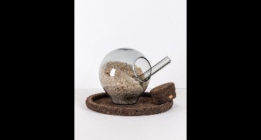 Zoutpotje grijs rookglas – met donkerbruine kurken stop, schotel & glazen lepeltje – zoutpot, zout pot, kruidenpot, peper & zout