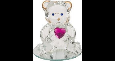 Lief decoratief Glazen beeldje - Beer met hartje Fuchsia roze