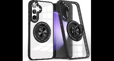 Magsafe Hoesje Geschikt voor Samsung Galaxy A15 hoesje Transparant Zwart - Met kickstand Draaibare Ring Houder