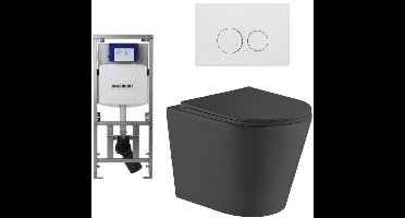 QeramiQ Dely Toiletset - 36.3x51.7cm - diepspoel - rimless - Geberit UP320 inbouwreservoir - met Burda frame - softclose toiletzitting - mat witte bedieningsplaat - ronde knoppen - mat zwart