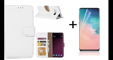 Ntech Hoesje Geschikt Voor Samsung Galaxy S10 portemonnee hoesje |met opbergvakjes Wit + PET Folie Screenprotector Clear