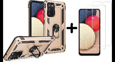 Hoesje Geschikt Voor Samsung Galaxy A02s Hoesje kickstand Armor met Ring houder TPU backcover hoesje - Goud met Galaxy A02S screenprotector 2 pack