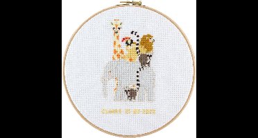 Pako Borduurpakket - Geboorte - telpatroon - Toren van dieren - 212.365 - voorgesorteerd garen - Aida wit - 22 cm rond - DIY kit