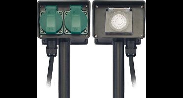 Perel Stekkerdoos voor buiten, timer, aardspies, 2 stopcontacten met penaarde (type E), 2 klapdeksel, kabel 1.5 m, 3G1.5, IP44, zwart/groen