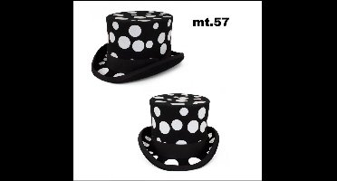 Hoge hoed wolvilt zwart met witte bollen maat 57 - KIDS - carnaval zwart wit optocht thema feest black and white