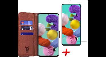Hoesje geschikt voor Samsung Galaxy A51 - Screen Protector GlassGuard - Book Case Kunstleer Pasjeshouder Bruin & Screenprotector