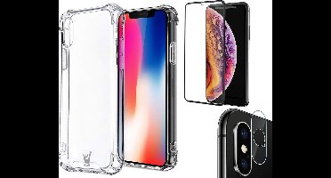 Hoesje geschikt voor iPhone XS - Transparant Shock Proof Siliconen Case + Screenprotector Full + Camera Protector