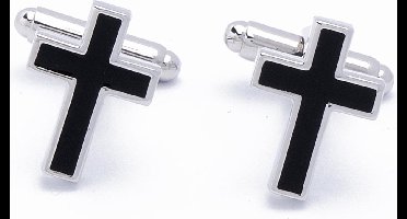 Manchetknopen - Kruis Religieus met Zilver en Zwart Emaille