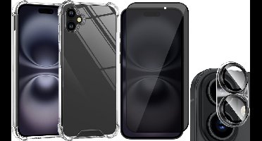 Hoesje geschikt voor iPhone 16 Plus - Privacy Screenprotector Volledig Dekkend Glas & Camera - Shockproof Transparant met Extra Hoekbescherming