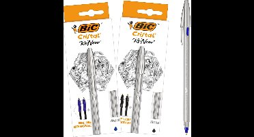 BIC Cristal Re'New Premium Navulbare Balpen - Blauwe en Zwarte Pen met 4 Navullingen - Medium Punt 1,0 mm - 2 stuks