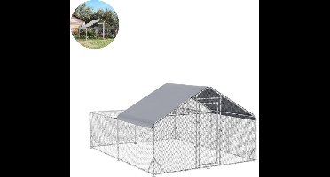 Kippenhok - Kippenren - Met ren - Voor buiten - kippenhok met beschermdak - 400 x 300 x 195 cm - Zilver