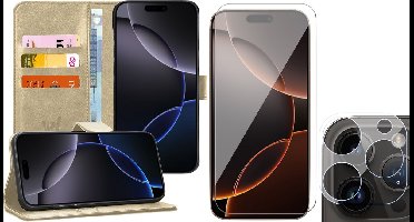 Hoesje geschikt voor iPhone 16 Pro - Screenprotector Glas & Camera - Portemonnee Book Case Goud