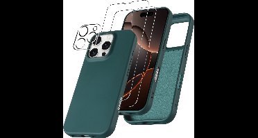 Hoesje Geschikt voor iPhone 16 Pro Max – Zacht siliconen liquid backcover met 2x screenprotectors gehard glas en 1x lens protector – Pine Groen