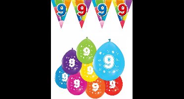 Feestpakket 9 jaar / 8 ballonnen en 1 vlaggenlijn 10 meter - Versiering Slinger Feestdecoratie Decoratie Verjaardag Jubileum Ballon Feest