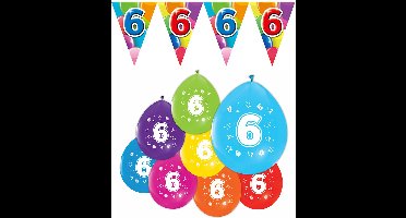Feestpakket 6 jaar / 8 ballonnen en 1 vlaggenlijn 10 meter - Versiering Slinger Feestdecoratie Decoratie Verjaardag Jubileum Ballon Feest