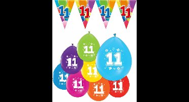 Feestpakket 11 jaar / 8 ballonnen en 1 vlaggenlijn 10 meter - Versiering Slinger Feestdecoratie Decoratie Verjaardag Jubileum Ballon Feest