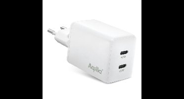 Aqiila USB oplader, 45W, USB-C Adapter, Snellader GaN, PD Power Delivery, 2x USB-C, 100-240V, compact Design, Chargebird W2 Wit