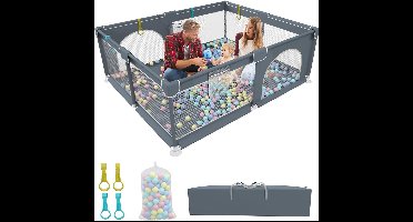 Speelbox voor baby's en peuters, 200 x 180 cm, extra grote babybox, binnen- en buitenactiviteitencentrum voor kinderen met zacht en ademend net, inclusief 50 ballenbakken