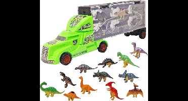 Dinosaurus vrachtwagen transporter truck - 12 in 1 Dino speelfiguren set koffer - Oplegger - 38.5cm