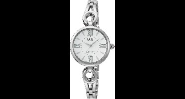 Q&Q F10A-001PY - Horloge - Polshorloge - Analoog - Dames - Vrouwen - Metalen band - Rond - Metaal - Streepjes - Romeinse cijfers - Zilverkleurig - Wit - Briljanten