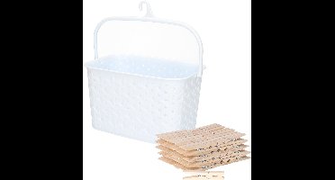 Sorbo Wasknijpers met 72x houten wasknijpers - In kunststof mandje - wit - met ophang haak - was ophangen