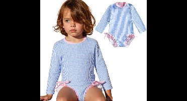 Joya Kids® Badpak Lange Mouw Licht Blauw met Streepjes en Roze Ruches Meisjes | Zwempak met ruches UV Badpak | Zwempak Lange Mouw UV Bescherming Streep | Meisje Bikini Zomer | Kinderbadpak Peuter | Maat 6-12 Maanden