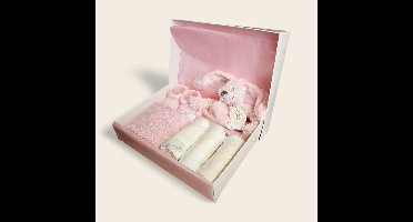 Kraamcadeau roze met Happy Horse Richie Knuffeldoekje, spuugdoekje slofjes en pampers