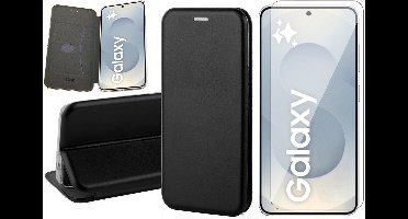 Hoesje geschikt voor Samsung Galaxy S25 Plus - Screenprotector Glas - Wallet Book Case Zwart