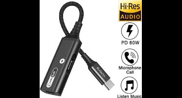 Xtabarya 2 In 1 Splitter USB Type C Male met Daul Type C Hifi Dac Type C Pd 60W Opladen Vrouwelijke naar USB C Vrouwelijke -zwart