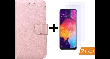 Ntech Hoesje Geschikt Voor Samsung Galaxy A50 Portemonnee hoesje - Rose Goud Met 2 stuks Glazen screenprotector