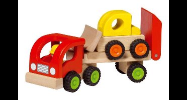Houten voertuig: OPLEGGER met BULLDOZER 34x8,5x12,5cm, met rubberen banden, 2+