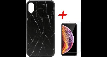 Marmer Hoesje geschikt voor Apple iPhone Xs Max Siliconen TPU Soft Gel Case Zwart + Tempered Glass Screenprotector van iCall