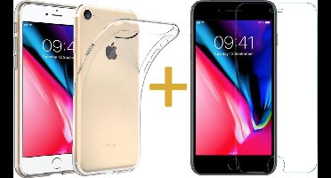 Hoesje geschikt voor Apple iPhone 8 - Siliconen Transparant Hoesje Gel Soft TPU Case Backcover + Tempered Glass Screenprotector 2,5D 9H (Gehard Glas) - 360 graden protectie