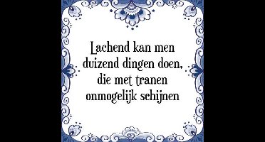Tegeltje met Spreuk (Tegeltjeswijsheid): Lachend kan men duizend dingen doen, die met tranen onmogelijk schijnen + Kado verpakking & Plakhanger