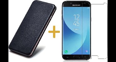 Hoesje geschikt voor Samsung Galaxy J5 (2017) Book Case Portemonnee Hoesje Zwart + Gehard Tempered Glas Screenprotector (Hoesje Kunstleer met Siliconen Houder - Flip Cover 360° Bescherming)