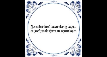 Tegeltje met Spreuk (Tegeltjeswijsheid): November heeft maar dertig dagen, en geeft vaak storm en regenvlagen + Kado verpakking & Plakhanger