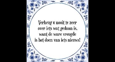 Tegeltje met Spreuk (Tegeltjeswijsheid): Verheug u nooit te zeer over iets wat gedaan is, want de ware vreugde is het doen van iets nieuws! + Kado verpakking & Plakhanger