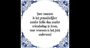 Tegeltje met Spreuk (Tegeltjeswijsheid): Voor mannen is het gemakkelijker zonder liefde dan zonder vriendschap te leven, voor vrouwen is het juist andersom! + Kado verpakking & Plakhanger