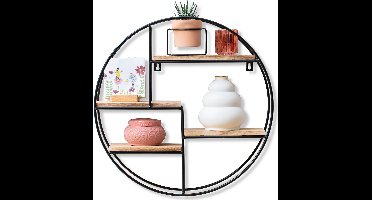 Gadgy Wandrek Industrieel - Rond met 4 Wandplanken Hout - Muurdecoratie Woonkamer - Industriële Woonaccessoires Voor Aan De Muur- Metaal Zwart - Ø 42x10 cm