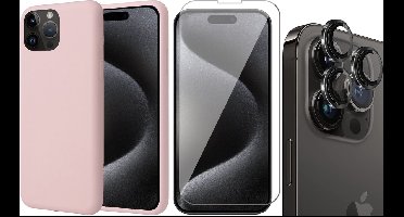 Hoesje geschikt voor iPhone 15 Pro Max - Screenprotector GlassGuard & Camera Lens Screen Protector Zwart - Back Cover Case SoftTouch Roze
