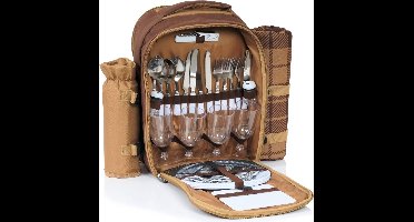 Picknickrugzak voor 4 personen (bruin) | Picknickset 32-delig | incl. flessenhouder en fleece deken, groot koelvak, servies en bestek