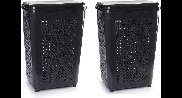 PlasticForte Wasmand met deksel - 2x stuks - 50 liter - antraciet - kunststof - 41x31x61 cm