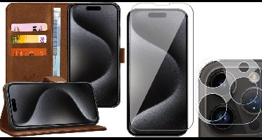 Hoesje geschikt voor iPhone 15 Pro - Screenprotector GlassGuard & Camera Lens Screen Protector - Book Case Kunstleer Pasjeshouder Bruin